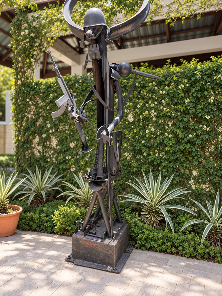 Tall metal sculpture set against the planted garden wall