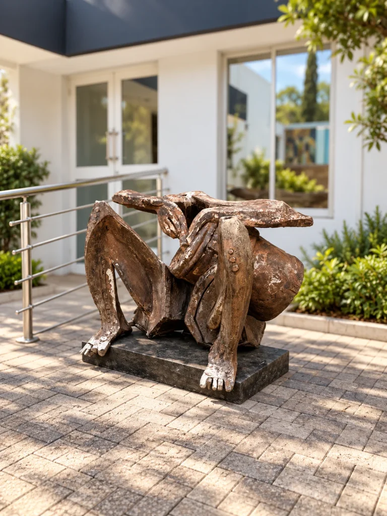 Reclining sculpture beside the courtyard access ramp