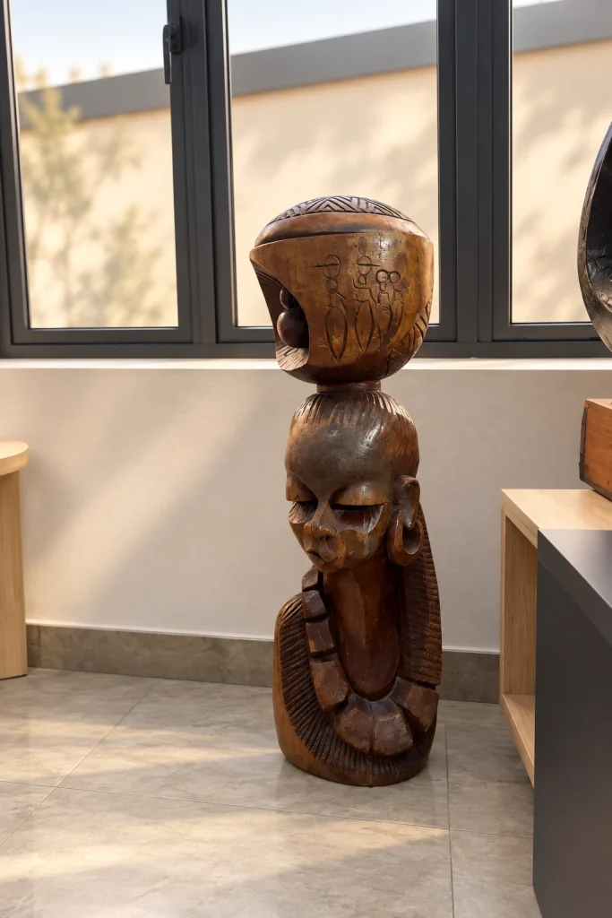 Wooden carved figure displayed beside a window