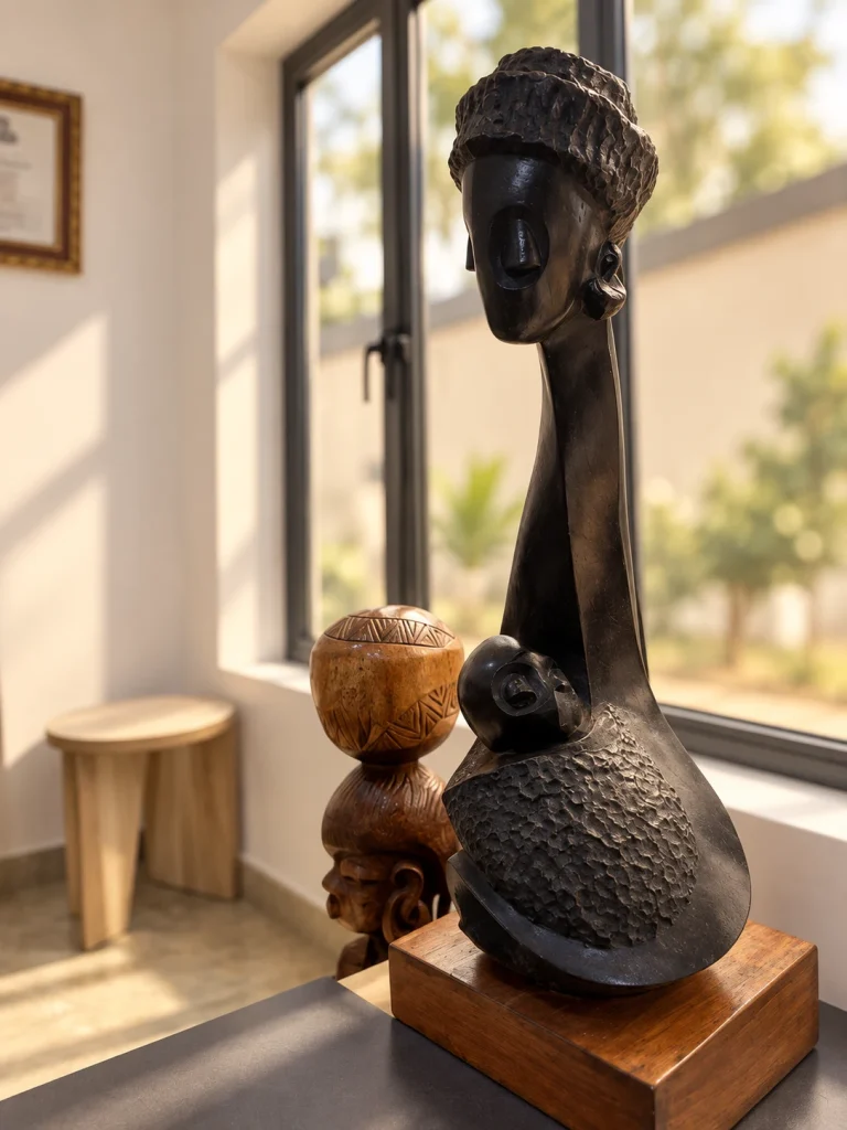 Sculptures grouped beside a sunlit window inside Nikea