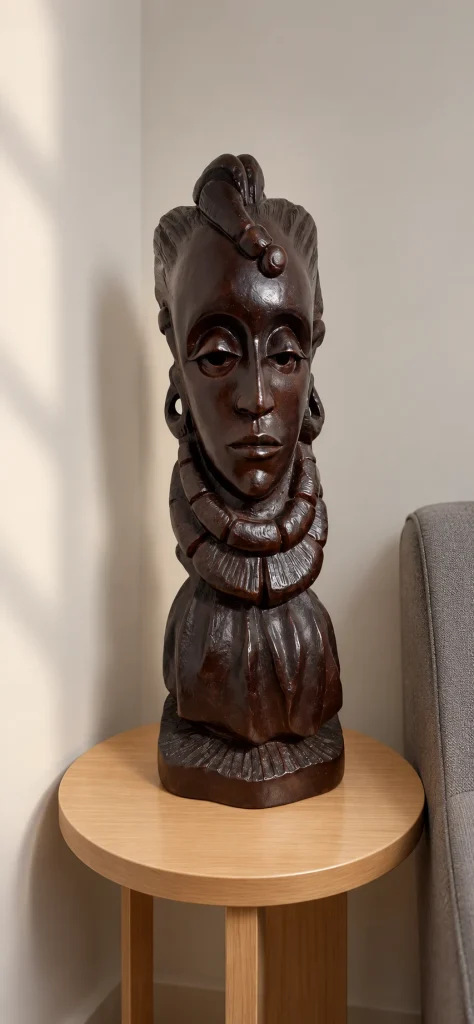 Carved wooden portrait displayed on a small table