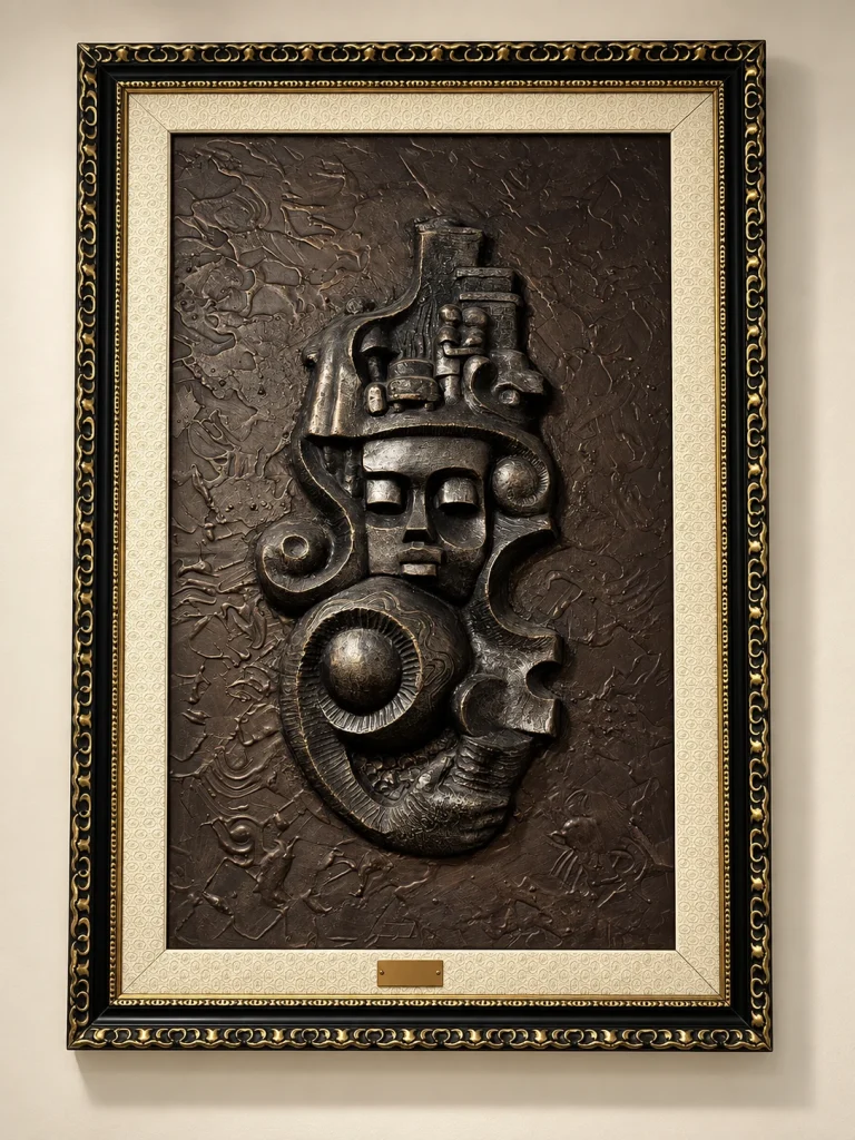 Framed sculptural relief with a stylised face