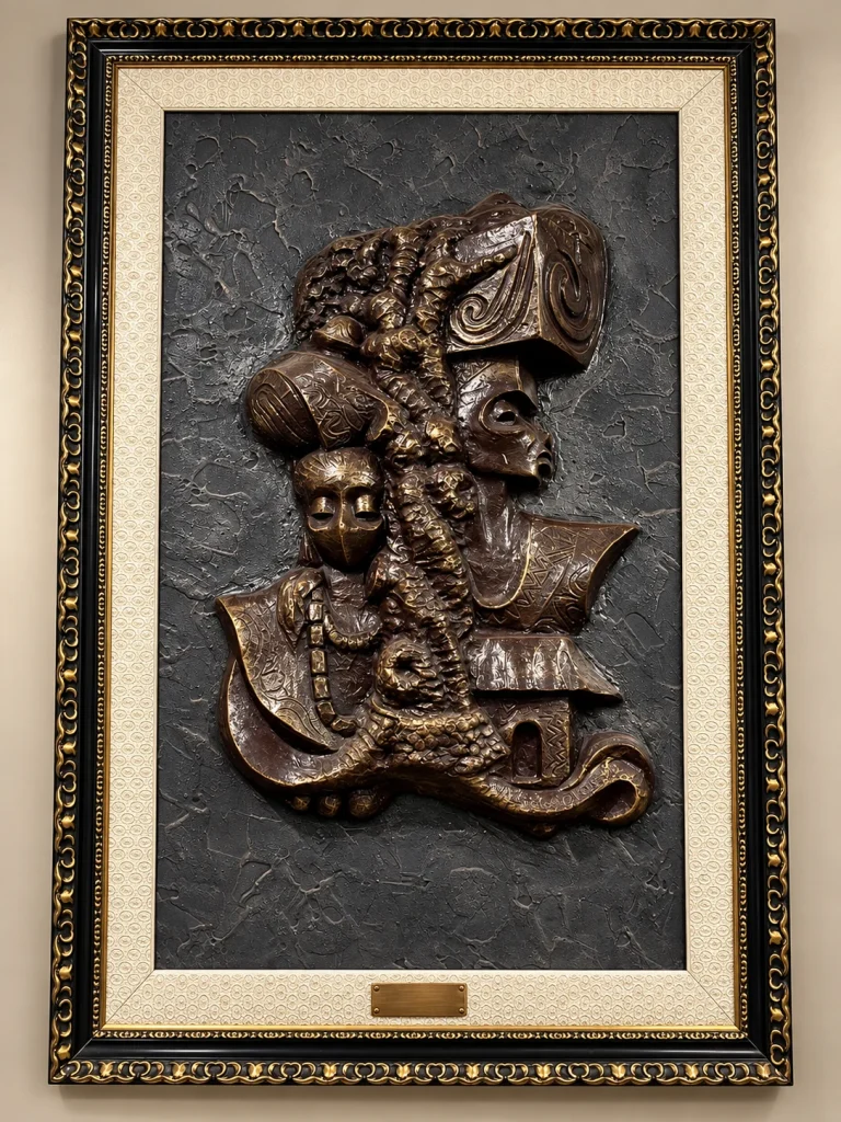 Framed figurative relief displayed indoors