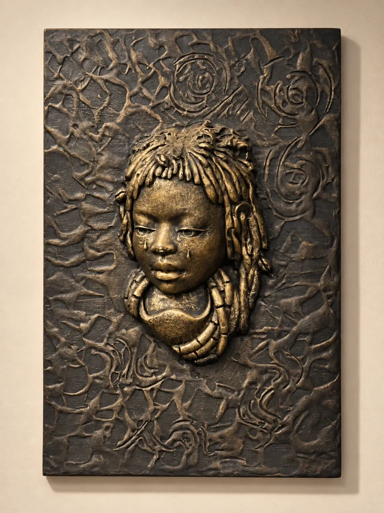 Framed relief portrait with textured hair