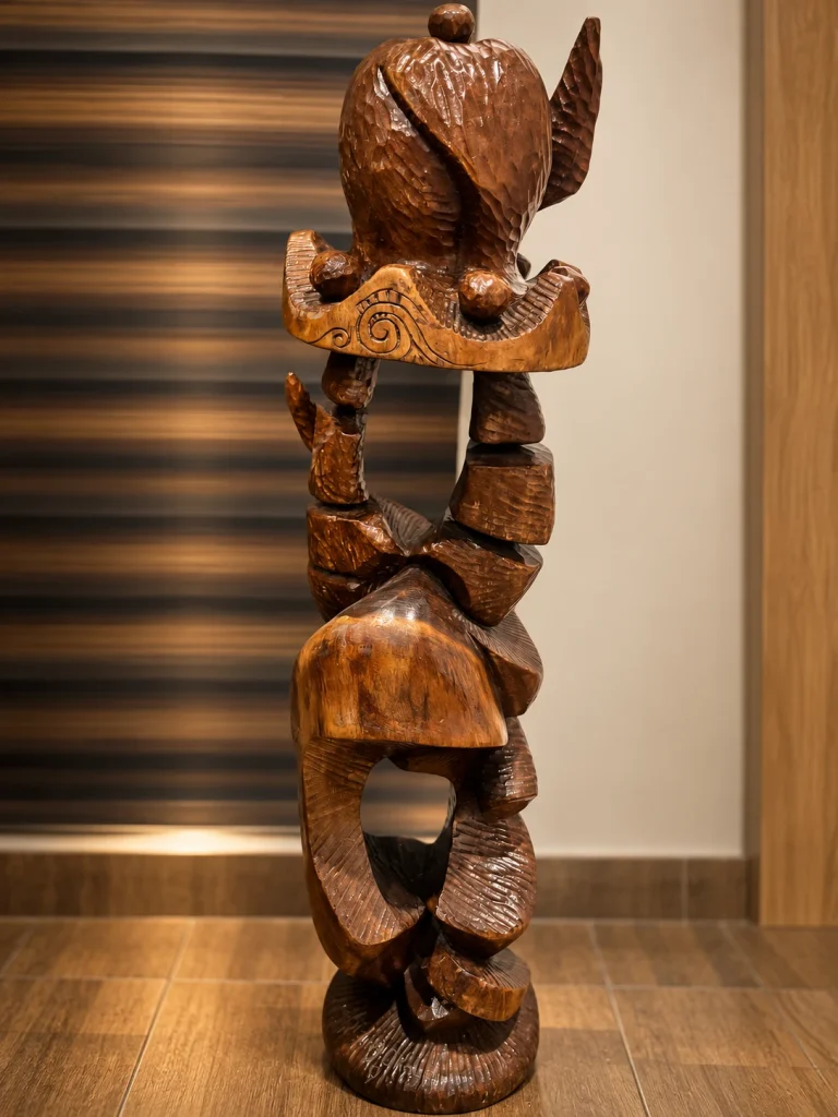 Standing carved wooden figure with an open centre
