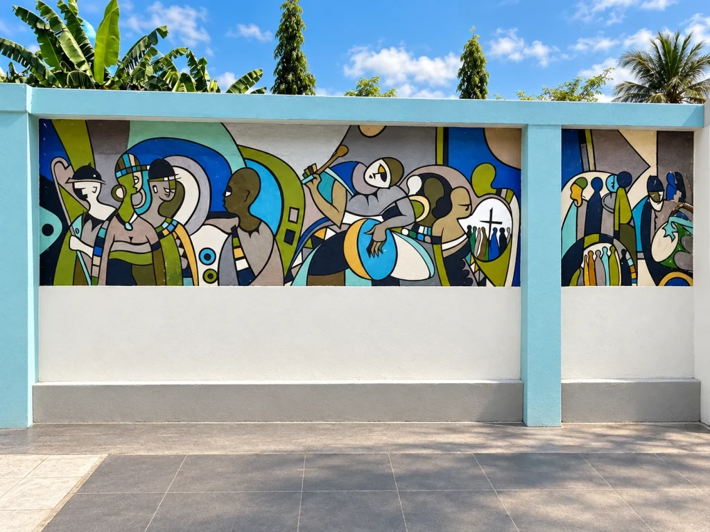 Colourful figurative mural along the hospital boundary