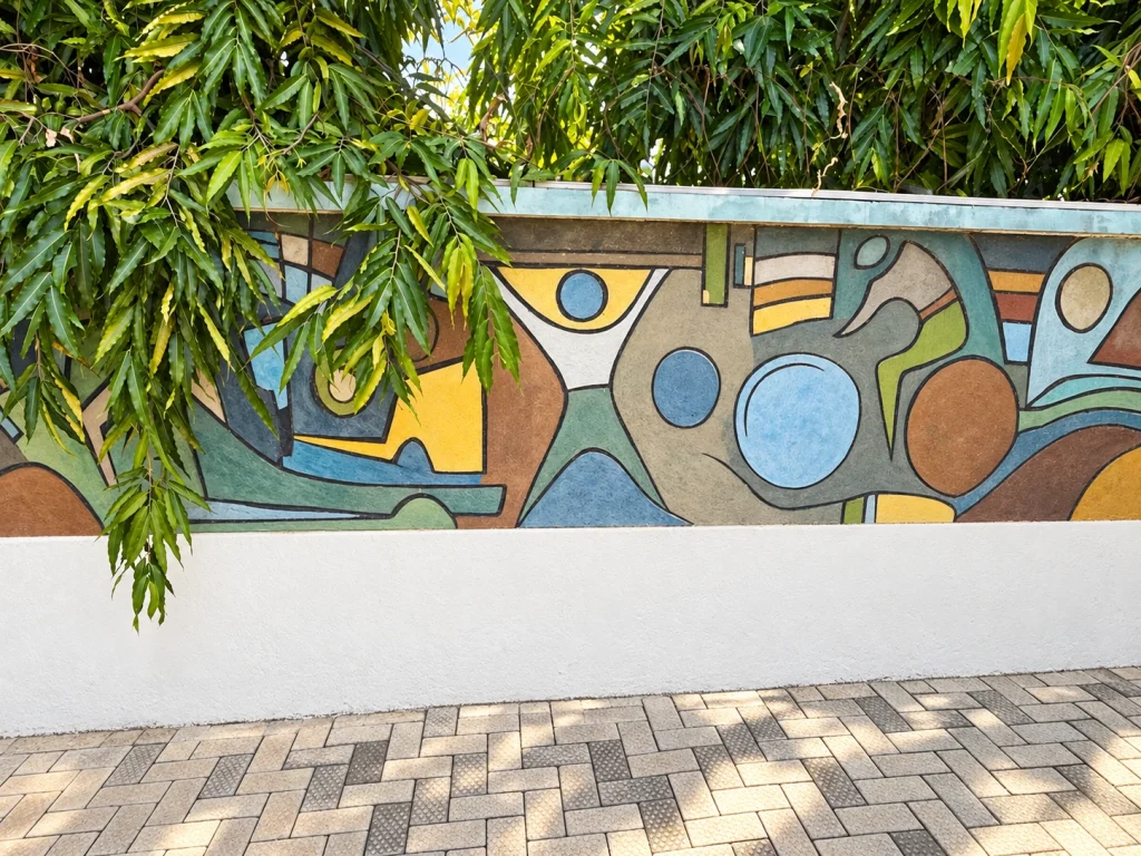 Geometric mural framed by overhanging trees