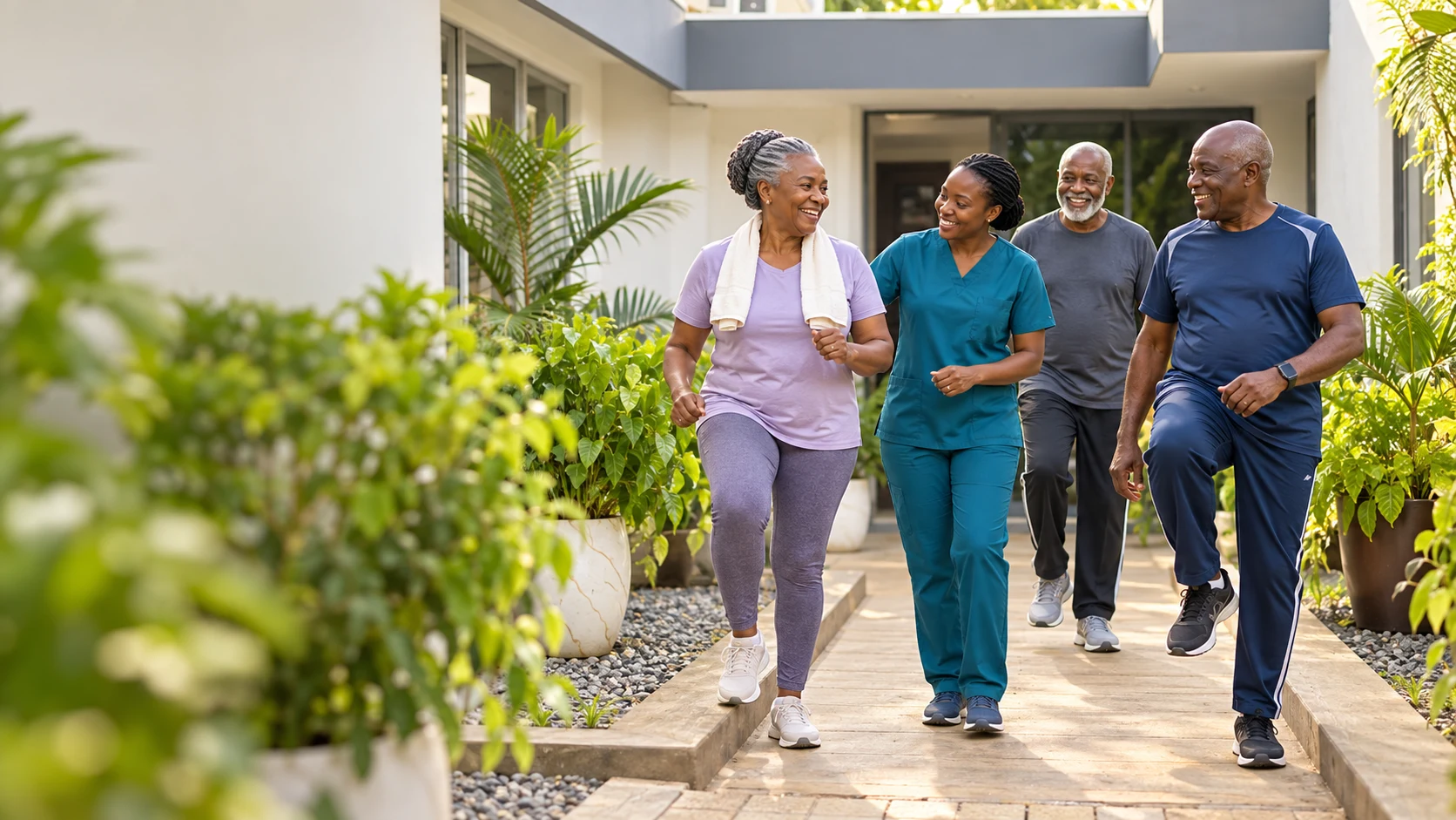Older adults walking together with a member of the care team on a planted hospital walkway