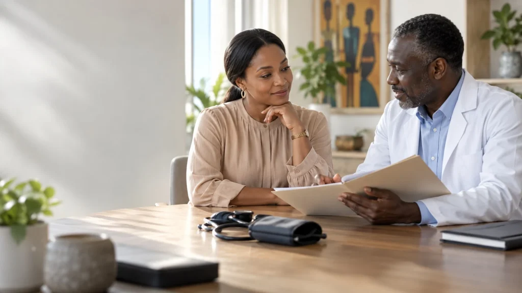 Illustration of an adult discussing a wellness assessment with a clinician